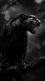 Feline Profile with Bared Fangs in High-Contrast Monochromatic Study