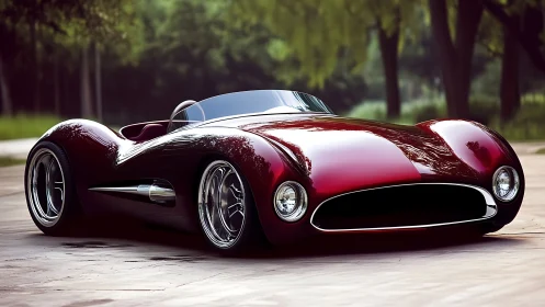 Streamlined red concept roadster sits on a forest road