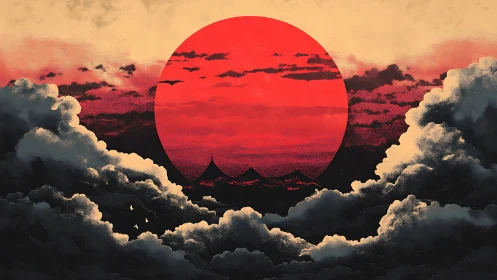 Crimson sun crowns distant peaks behind storm clouds.