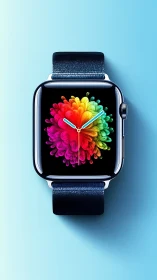 Smartwatch displays vivid radial flower graphic on blue ground