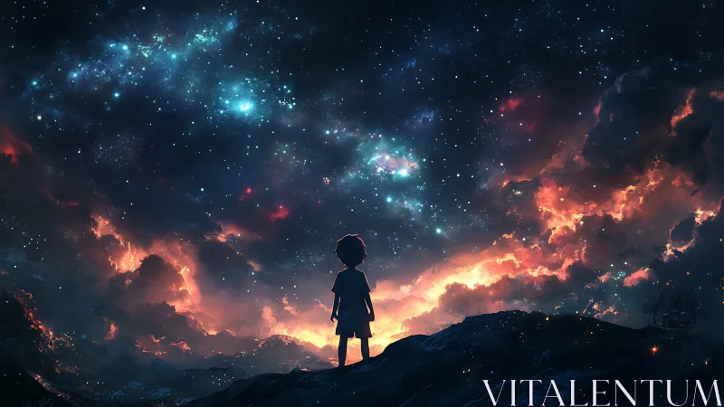 Digital painting of child silhouette under nebula skyscape.