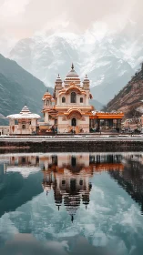 Mountain temple reflected in still alpine lake at dusk.