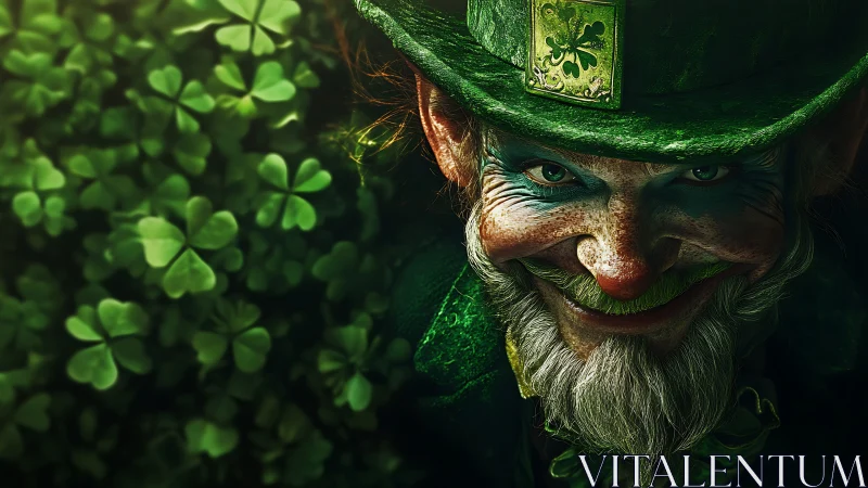 Digital leprechaun portrait with shamrocks occupies frame