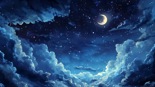 Moonlit cloudscape framing deep starlit midnight sky.