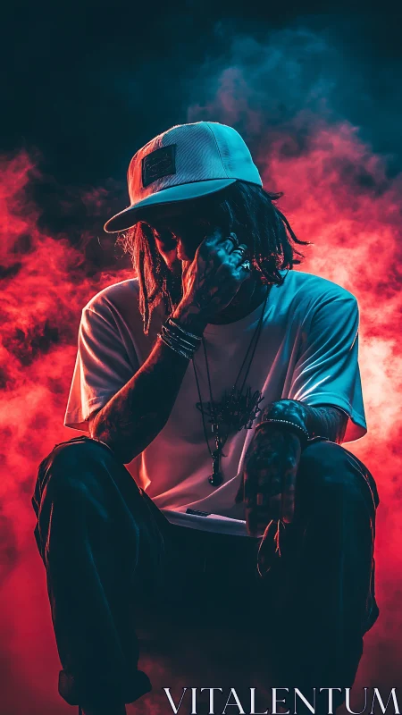 Moody street artist framed by neon red and teal smoke glow.