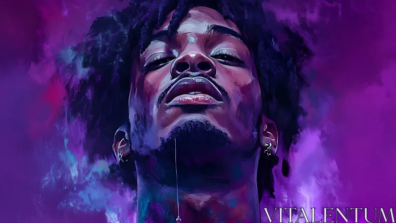 Digital portrait shows low-angle view of male face in violet tones