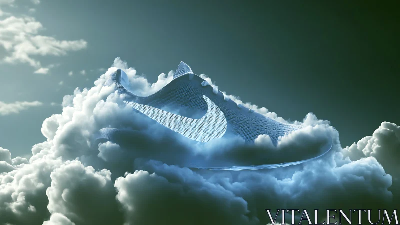 Floating mesh sneaker rendered in luminous cloud environment.
