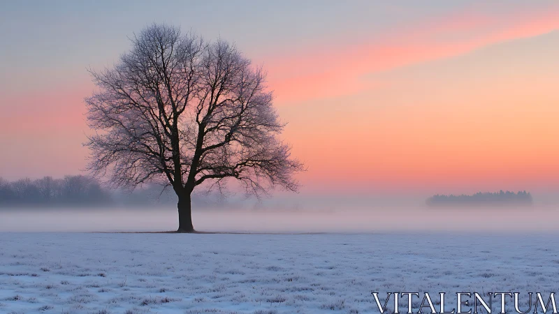 Solitary winter tree in pastel dawn fog over snowy field.
