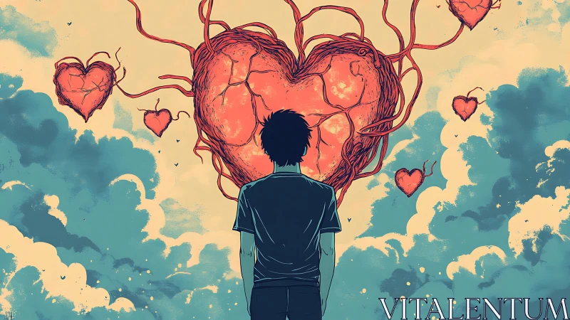 Silhouetted figure facing large anatomical heart in sky.