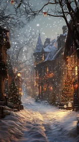 Snow-laden medieval street with festive volumetric lighting.