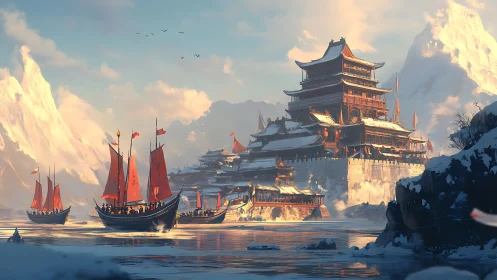 Majestic winter harbor welcomes bright red-sailed traders warmly