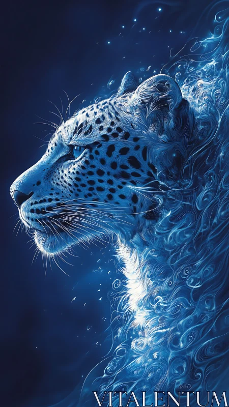 Celestial blue leopard emerges in swirling luminous energy.