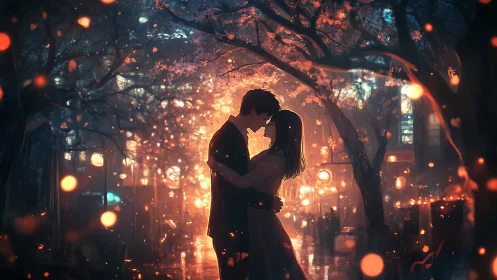 Two figures embrace beneath illuminated trees in urban evening setting.