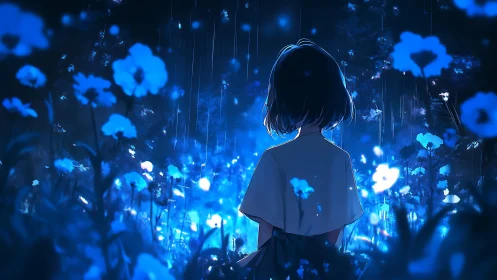 Girl observes bioluminescent night meadow under falling rain