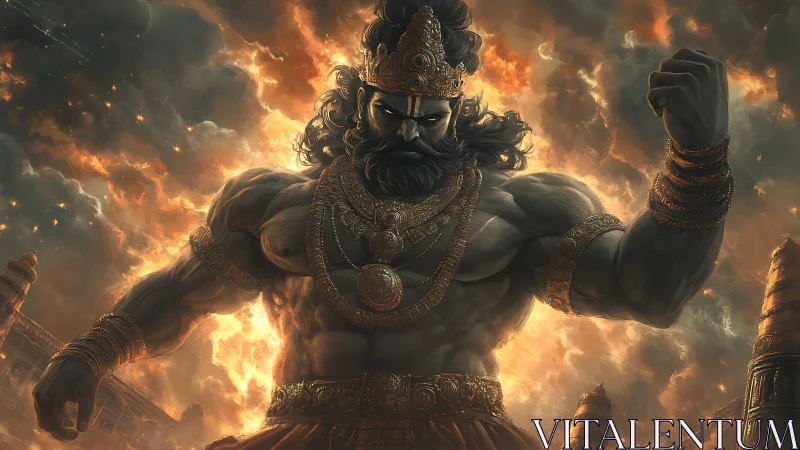 Mythic warrior deity dominates fiery storm-filled battlefield
