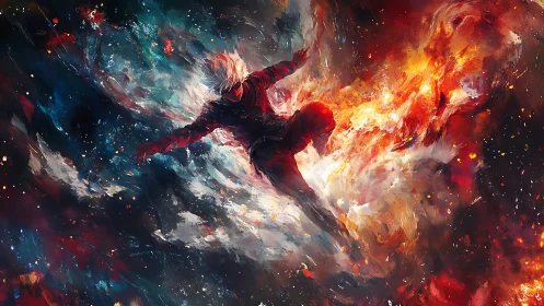Celestial warrior dives through swirling fire and starlit nebula