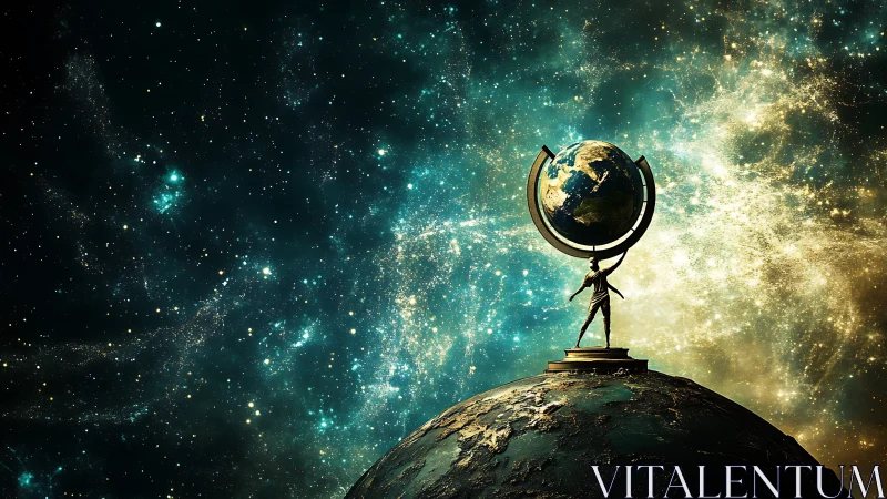 Small dreamer holding a glowing world in starry space.