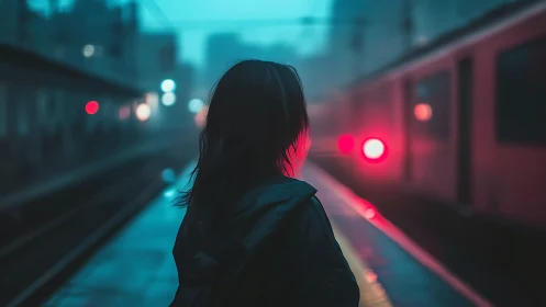 Backlit commuter silhouette in neon-lit foggy station platform.