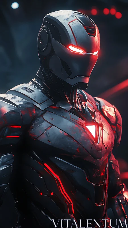 Armored sci fi combat suit with red glowing accents.