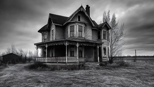 Weather-beaten farmhouse quietly outstares a brooding sky