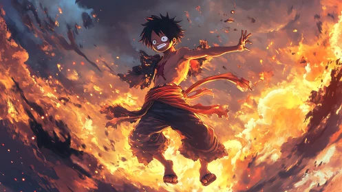 Anime figure is suspended in a vortex of stylized flames