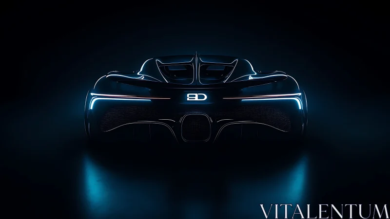 Rear-lit hypercar silhouette with neon cyan perimeter lighting.