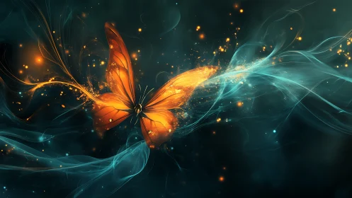 Luminescent orange butterfly intersects teal energy streams in motion