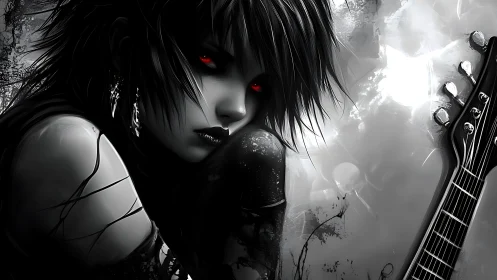 Gothic character portrait with electric guitar and red eyes.