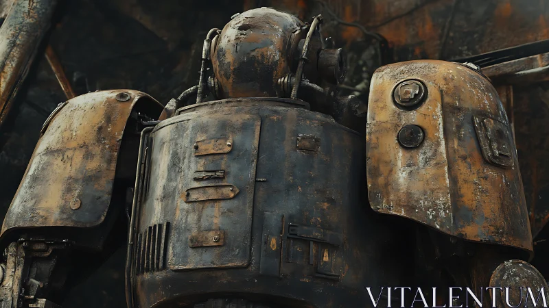 Rusted war mech waits alone in a forgotten scrapyard hush.