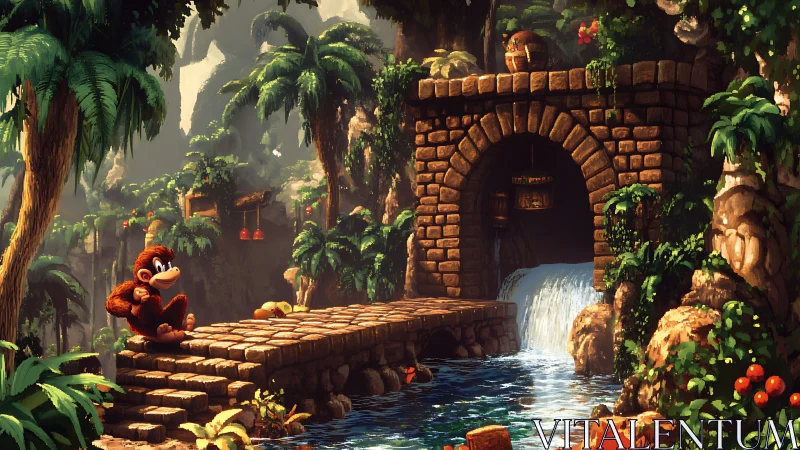 Tropical jungle bridge with cartoon ape by sunlit waterfall.