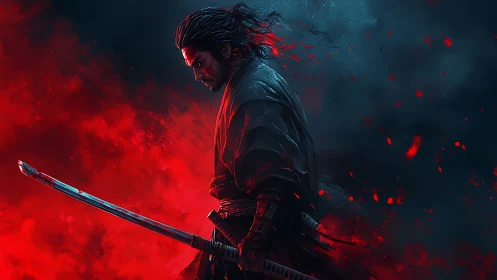 Brooding samurai stands in crimson smoke and shadowed storm