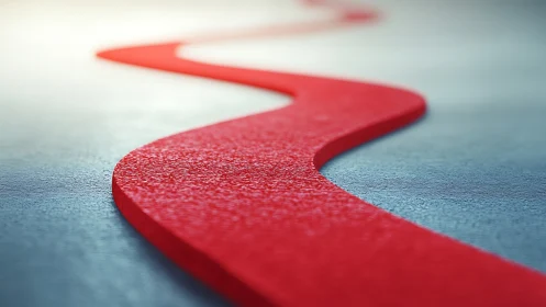 Bold red winding path gently curves across a cool gray floor