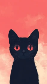 Black Cat with Red Eyes Against Coral Sky