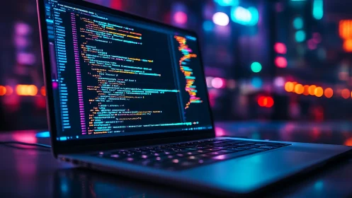 Cyberpunk laptop workstation with neon code interface rendering.