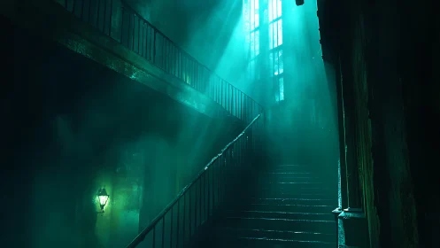 Staircase ascends toward tall backlit windows in teal haze