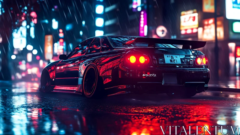 Modified street racer idles in neon-soaked nocturnal downpour