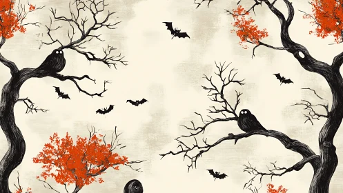 Graphically stylized Halloween forest with owls, bats and bare trees