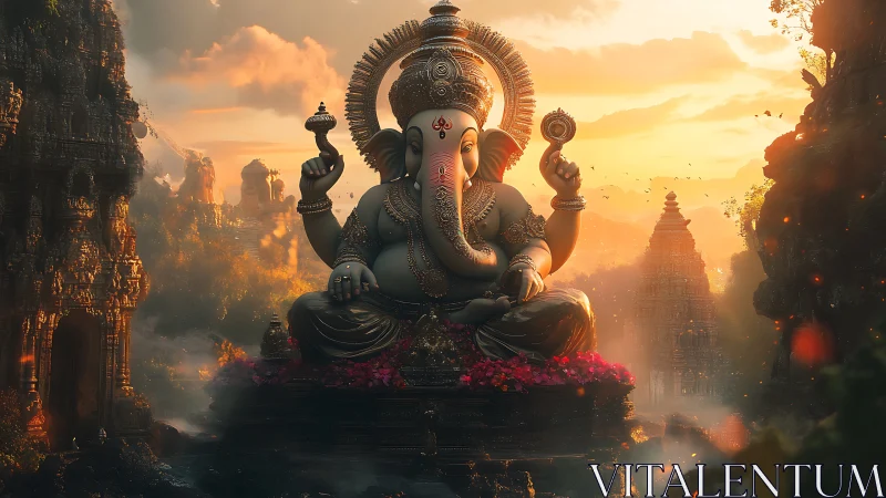 Ganesha statue sits in ornate temple valley at golden sunset