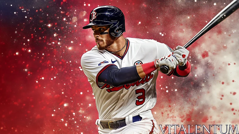 Baseball batter in white uniform swings in red backdrop.