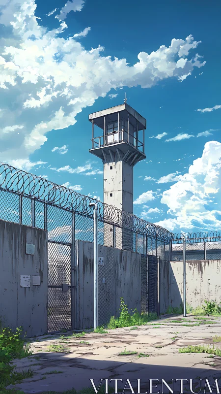 Decommissioned prison watchtower under vivid cumulus sky