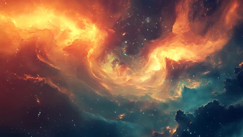 Stellar nebula vortex with ionized gas plumes and starfield