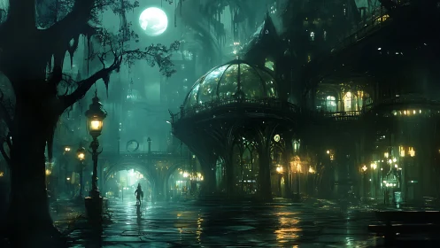 Gothic glass atrium dominates a moonlit neo-noir streetscape