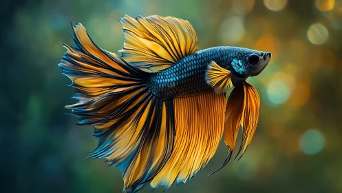 Golden-finned betta fish in dynamic side profile render.