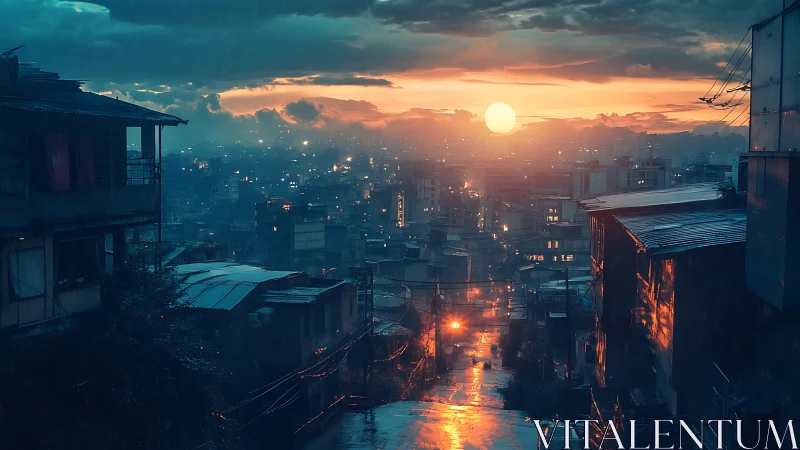 Rainy hillside city street at sunset with wet roofs.