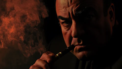 Brooding cigar smoker in dramatic low key portrait lighting.