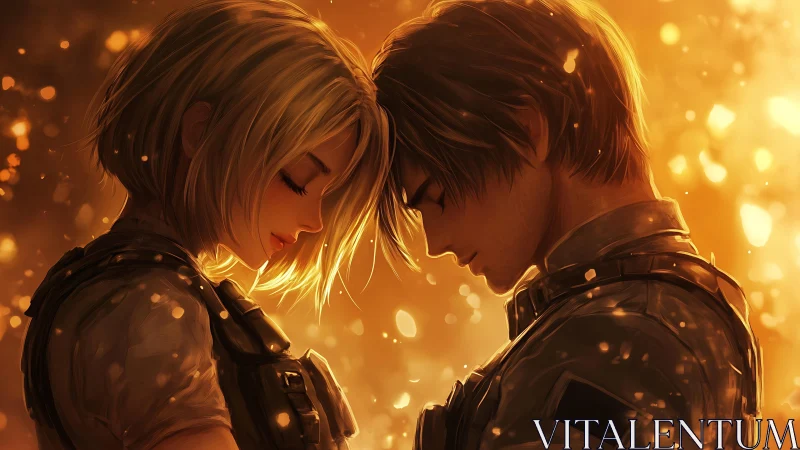 Two souls converge in luminous embrace, forged in golden fire.