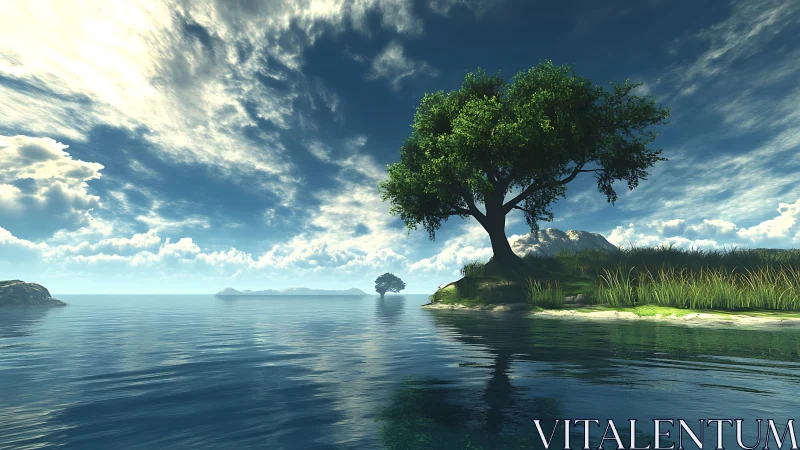 A Solitary Tree Stands Gracefully Over Tranquil Waters