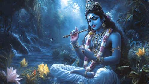 Divine blue figure plays flute in moonlit lotus forest.