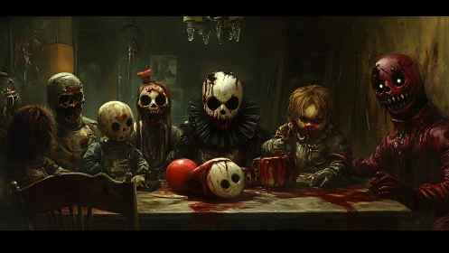 Grotesque doll banquet in dim interior, horror digital painting.