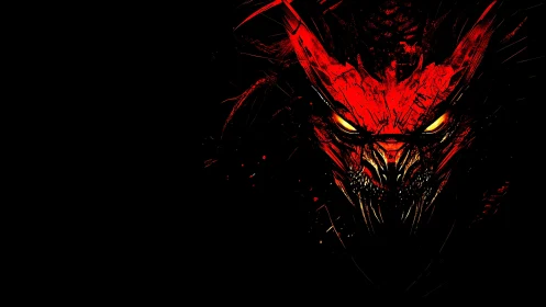 Infernal red demon head emerging from stark black void.